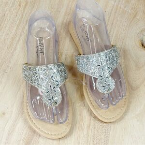 Olivia Miller Metallic Rhinestone Thong Flip Flop Sandals Silver Tan Size 6